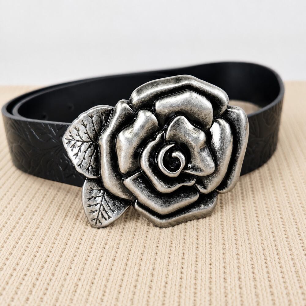 Y2K Rose Buckle Belt Silver Black Embossed Bonded Leather Size S 33